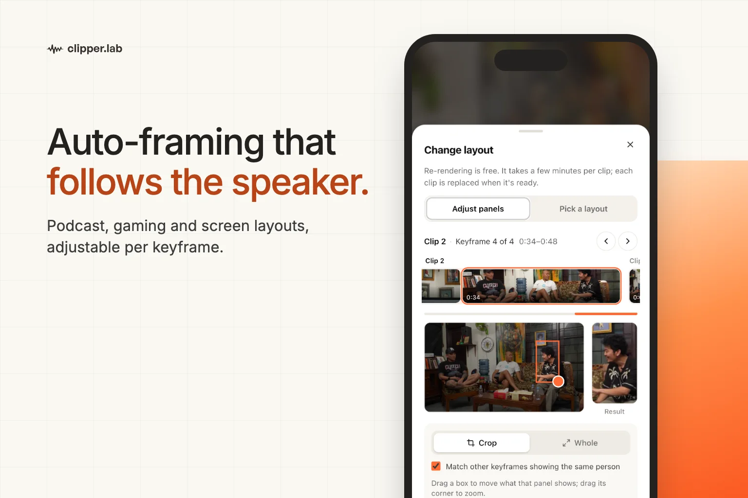 ClipperLab panel editor on a phone with a framing box around one speaker